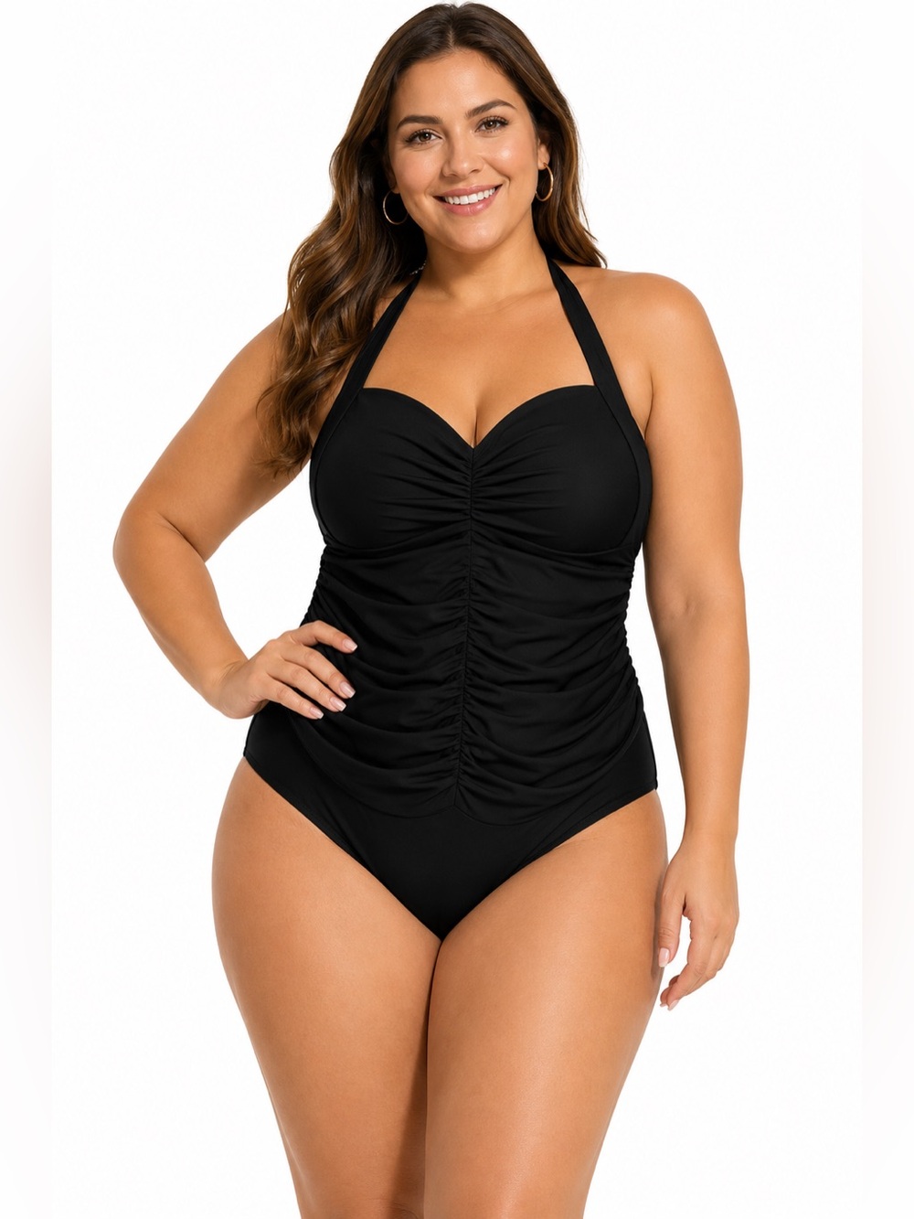 Black Halter One Piece Swimsuit Ruched Sweetheart Neckline Size 12